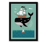 Whale and Sailing Ships Coastal Framed Wall Art Print A1 (84.1×59.4cm) Black, Wall Decor for Living Room, Bedroom, Office & Home, Ready to Hang, Art Gift
