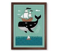 Whale and Sailing Ships Coastal Framed Wall Art Print A1 (84.1×59.4cm) Walnut, Wall Decor for Living Room, Bedroom, Office & Home, Ready to Hang, Art Gift