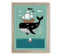Whale and Sailing Ships Coastal Framed Wall Art Print A3 (42×29.7cm) Oak, Wall Decor for Living Room, Bedroom, Office & Home, Ready to Hang, Art Gift