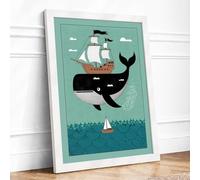 Whale and Sailing Ships Coastal Framed Wall Art Print A3 (42×29.7cm) White, Wall Decor for Living Room, Bedroom, Office & Home, Ready to Hang, Art Gift