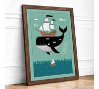 Whale and Sailing Ships Coastal Framed Wall Art Print A4 (29.7×21cm) Walnut, Wall Decor for Living Room, Bedroom, Office & Home, Ready to Hang, Art Gift