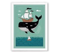 Whale and Sailing Ships Coastal Framed Wall Art Print A4 (29.7×21cm) White, Wall Decor for Living Room, Bedroom, Office & Home, Ready to Hang, Art Gift