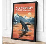 Whale Breaching at Glacier Bay Canvas Wall Art Print 24x16 Inch | Black