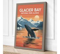 Whale Breaching at Glacier Bay Canvas Wall Art Print 30x20 Inch | Taupe