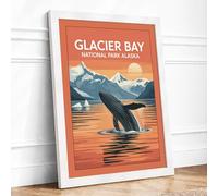 Whale Breaching at Glacier Bay Vintage Framed Wall Art Print A2 (59.4×42cm) White, Wall Decor for Living Room, Bedroom, Office & Home, Ready to Hang, Art Gift