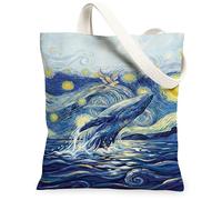 Whale Canvas Tote Bag for Women, Impressionism Artistic Bird Stars None Blue Washable Reusable Aesthetic Tote Bags Ideas for Travel Work Shopping Bookstore 13x15 Inch