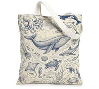 Whale Canvas Tote Bag for Women, Marine Vintage Octopus Turtle Summer Navy Washable Reusable Small Tote Bags Ideas for Outdoor Travel Workday Reading 13x15 Inch