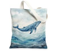Whale Canvas Tote Bag for Women, Ocean Natural Waves Clouds Summer Blue Washable Reusable Small Tote Bag Ideas for Travel W, Blue, 13x15 Inch