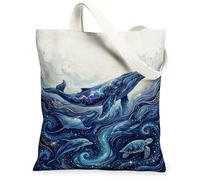 Whale Canvas Tote Bag for Women, Oceanic Fanciful Dolphin Turtle Summer Blue Washable Reusable Graphic Tote Bag for Shopping Brunch Park Library Day Trips 13x15 Inch