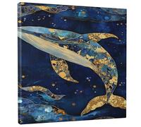 Whale Canvas Wall Art, Blue Gold Abstract Ocean Painting, Nautical Home Aesthetic Decor For Living Room, Bedroom, Office, Wrapped Canvas 8x10 Inch