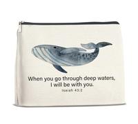 Whale Christian Makeup Bag Cosmetic Bags for Women Christian Religious Gifts Isaiah 43:2 When You Go Through Deep Waters Makeup Pouch with Zipper Travel Toiletry Bag