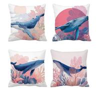 Whale Cushion Covers 80 x 80 Set of 4, Square Linen Blue Bed Cushions, Outdoor Cushions, Waterproof Fabric, Apply To Home Decorative, With Invisible Zip, Machine Washable. B-525