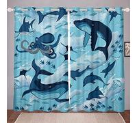 Whale Dolphin Window Curtains for Bedroom Kids Boys Girls Marine Ocean Theme Curtain Sea Animal Print Blackout Curtains Underwater World Darkening Thermal Drapes 2 Panel Set W46*L54