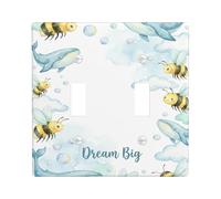 Whale Double Light Switch Cover Plate, Playful Fanciful Bee Bubble Summer Blue Plastic Standard Size Toggle Light Switch Cover for Bedroom Bathroom Kitchen Entrance Decor