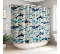 Whale Extra Wide Shower Curtain, Marine Ocean Dolphin Seaweed Summer Blue Polyester Waterproof Bathtub Cloth Curtains for Home Bathroom Toile Hotel Decor 108x72 Inch