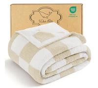 Whale Flotilla Checkered Knit Blanket Twin Size, Ultra Soft Warm Reversible Cozy Decorative Blankets for Couch Sofa and Bed, 150x200 CM, Camel
