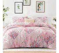 Whale Flotilla Coverless Double Duvet Set, Patchwork Floral Printed Breathable Queen Comforter Ultra Soft Polyester Reversible Bedding Set with 2 Pillow Shams for winter, 200×200CM, Pink