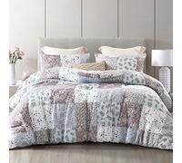 Whale Flotilla Coverless Double Duvet Set, Patchwork Floral Printed Breathable Queen Comforter Ultra Soft Polyester Reversible Bedding Set with 2 Pillow Shams for winter, 200×200CM, Grey