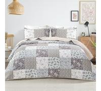 Whale Flotilla Reversible Patchwork Quilts Full Queen Size, Lightweight Boho Printed Bedspreads Coverlets Quilt Bedding Set with 2 Pillow Shams for All Seasons, Light Grey