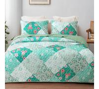Whale Flotilla Reversible Patchwork Quilts Full Queen Size, Lightweight Boho Printed Bedspreads Coverlets Quilt Bedding Set with 2 Pillow Shams for All Seasons, Light Green