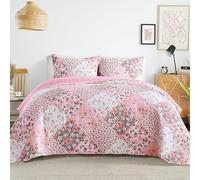 Whale Flotilla Reversible Patchwork Quilts Full Queen Size, Lightweight Boho Printed Bedspreads Coverlets Quilt Bedding Set with 2 Pillow Shams for All Seasons, Pink