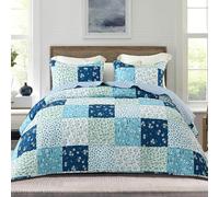 Whale Flotilla Reversible Patchwork Quilts Full Queen Size, Lightweight Boho Printed Bedspreads Coverlets Quilt Bedding Set with 2 Pillow Shams for All Seasons, Blue