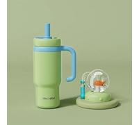 Whale Fountain Water Bottle with Handle, 710ml Stainless Steel Drinking Cup with Whale Squirt - Two Lids, Spill-Proof, Dishwasher Safe, Cute & Perfect for Kids, Teens, and Adults (Green)