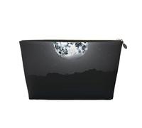 Whale Full Moon Printed Toiletry Bag for Women Girl Portable Travel Cosmetic Bag Leather Makeup Pouch Organizer with Gold Zipper