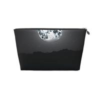 Whale Full Moon Printed Toiletry Bag for Women Girl Portable Travel Cosmetic Bag Leather Makeup Pouch Organizer with Silver Zipper