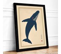 Whale in Blue Japandi Framed Wall Art Print A4 Black | Ready to Hang, Premium Gi Paper, Fade-Resistant Inks, Securely Packaged, UK Made