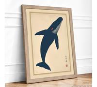 Whale in Blue Japandi Framed Wall Art Print A4 Oak | Ready to Hang, Premium Gi Paper, Fade-Resistant Inks, Securely Packaged, UK Made