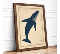 Whale in Blue Japandi Framed Wall Art Print A4 Walnut | Ready to Hang, Premium Gi Paper, Fade-Resistant Inks, Securely Packaged, UK Made