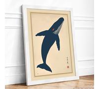 Whale in Blue Japandi Framed Wall Art Print A4 White | Ready to Hang, Premium Gi Paper, Fade-Resistant Inks, Securely Packaged, UK Made