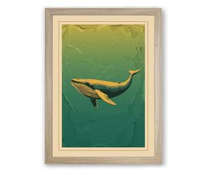 Whale in Teal Waters Coastal Framed Wall Art Print A4 (29.7×21cm) Oak, Wall Decor for Living Room, Bedroom, Office & Home, Ready to Hang, Art Gift