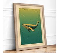 Whale in Teal Waters Coastal Framed Wall Art Print A4 Oak