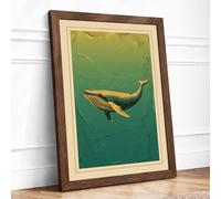 Whale in Teal Waters Coastal Framed Wall Art Print A4 Walnut