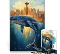 Whale Leaping Cityscape 1000 Adult Pieces Jigsaw Puzzle Mind Challenge Toy Neat Cut Perfect Alignment Family Fun Night Activity (38x52cm)
