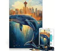 Whale Leaping Cityscape 1000 Adult Pieces Jigsaw Puzzle Mind Challenge Toy Neat Cut Perfect Alignment Family Fun Night Activity (38x26cm)