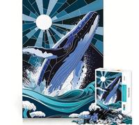 Whale Leaping from Waves Stained Glass Jigsaw Puzzles 1000 Recall Fun Play Burr Free Clean Cut Pieces Portable Travel Friendly Fun Game (50x75cm)