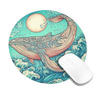 Whale Ocean Waves Mouse Pad, Blue Teal Ocean Creatures Design Stitched Edge Mousepad, Rubber Non-Slip Washable Gaming Mouse Pad for Home and Office Computer, Laptop Round 8x8 Inch