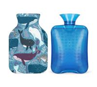 Whale Pattern Hot Water Bottle with Soft Cover 1L Hot Water Bag for Hot and Cold Compress, Hand Feet and Bed Warmer, Menstrual Cramps, Neck and Shoulder Pain Relief
