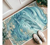 Whale Runner Rug, Oceanic Natural Coral Shell Summer Turquoise Non-Slip Soft Doormat Throw Rug Stain Resistant for Kitchen Bathroom Entryway Bedside Decor 2x3 Ft