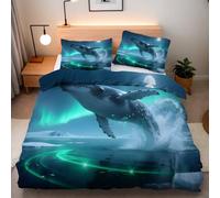 Whale Sea Duvet Cover Set, 3D Reversible Aurora Nature Printed Quilt Cover with Zipper Closure, Soft Easy Care Bedding 200 x 200 cm