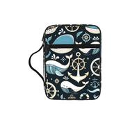 Whale-Ship-Wheel Bible Cover Case with Handle, Water-Resistant Oxford Fabric Bible Bag Organizer with Zipper Pockets for Church