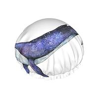 Whale Shower Cap,Watercolor Whale With Beautiful Blue Space Design Waterproof Double Layer Bath Caps Perfect For All Hair Lengths And Thicknesses