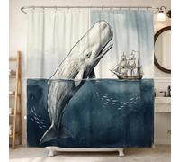 Whale Shower Curtain, Nautical Vintage Ship Fish Summer Blue Polyester Waterproof Decorative Bathroom Curtain for Bathroom Bathtub Apartment Decor 72x78 Inch