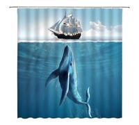 Whale Shower Curtain Nautical Wooden Sailboat White Whale Under The Ocean Marine Life Fabric Bathroom Decor Curtain with 12 Hooks，71x71 Inch，Blue