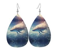 Whale Sky Painting double-sided printed leather earrings int and shape of water drops, creative, light and novel, bright and vivid colors.