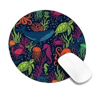 Whale Small Mouse Pad, Marine Colorful Octopus Turtle Summer Blue Round Rubber Smooth Stitched Edge Cloth Mousepad Decor for Home Office Work Gaming Desk Round 8x8 Inch