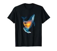 Whale Sunset Island Tropical Double-Exposure Palm Trees T-Shirt